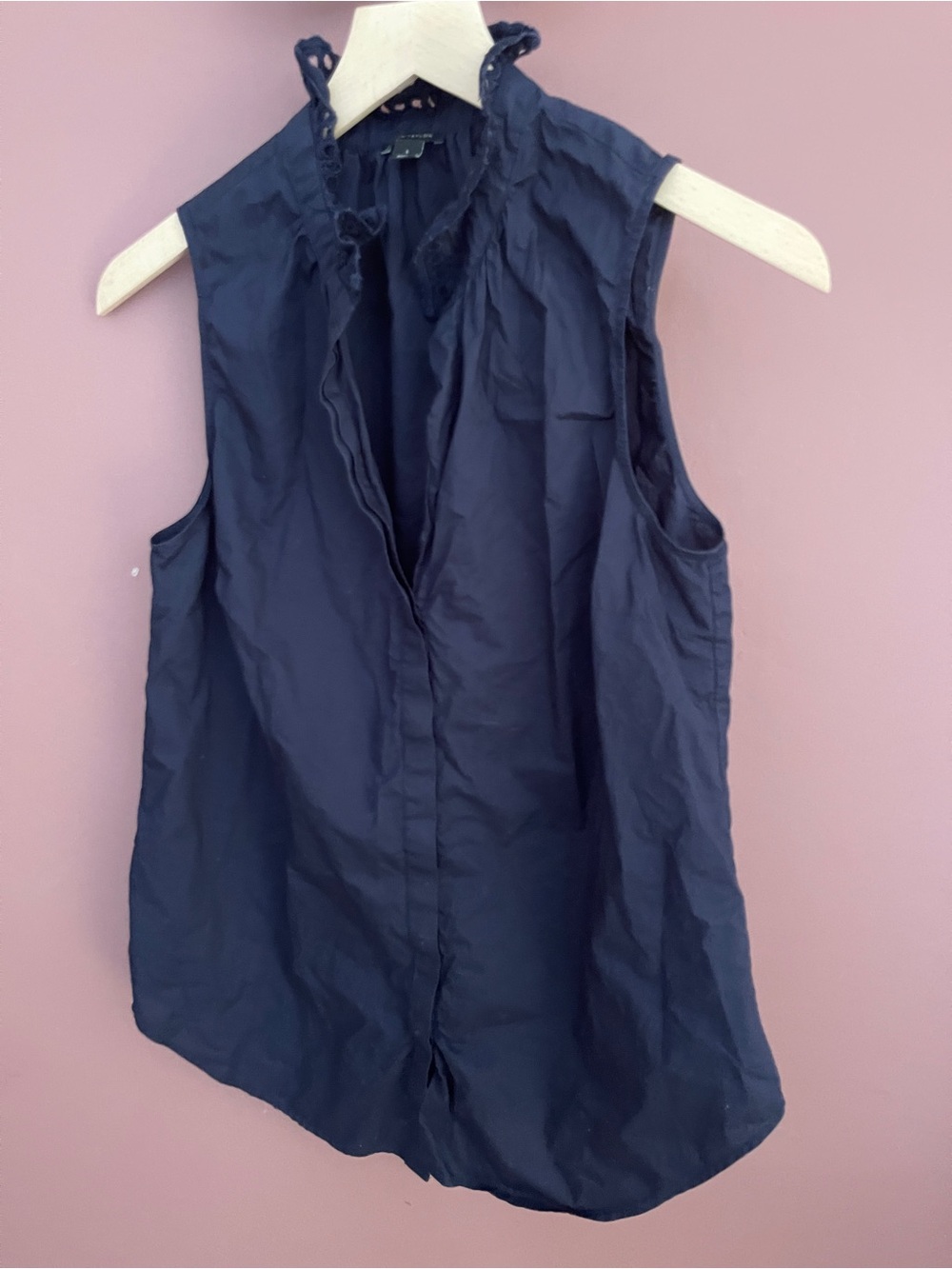 Ann Taylor Sleeveless Navy Button-Front Ruffle Collar Blouse/Cotton